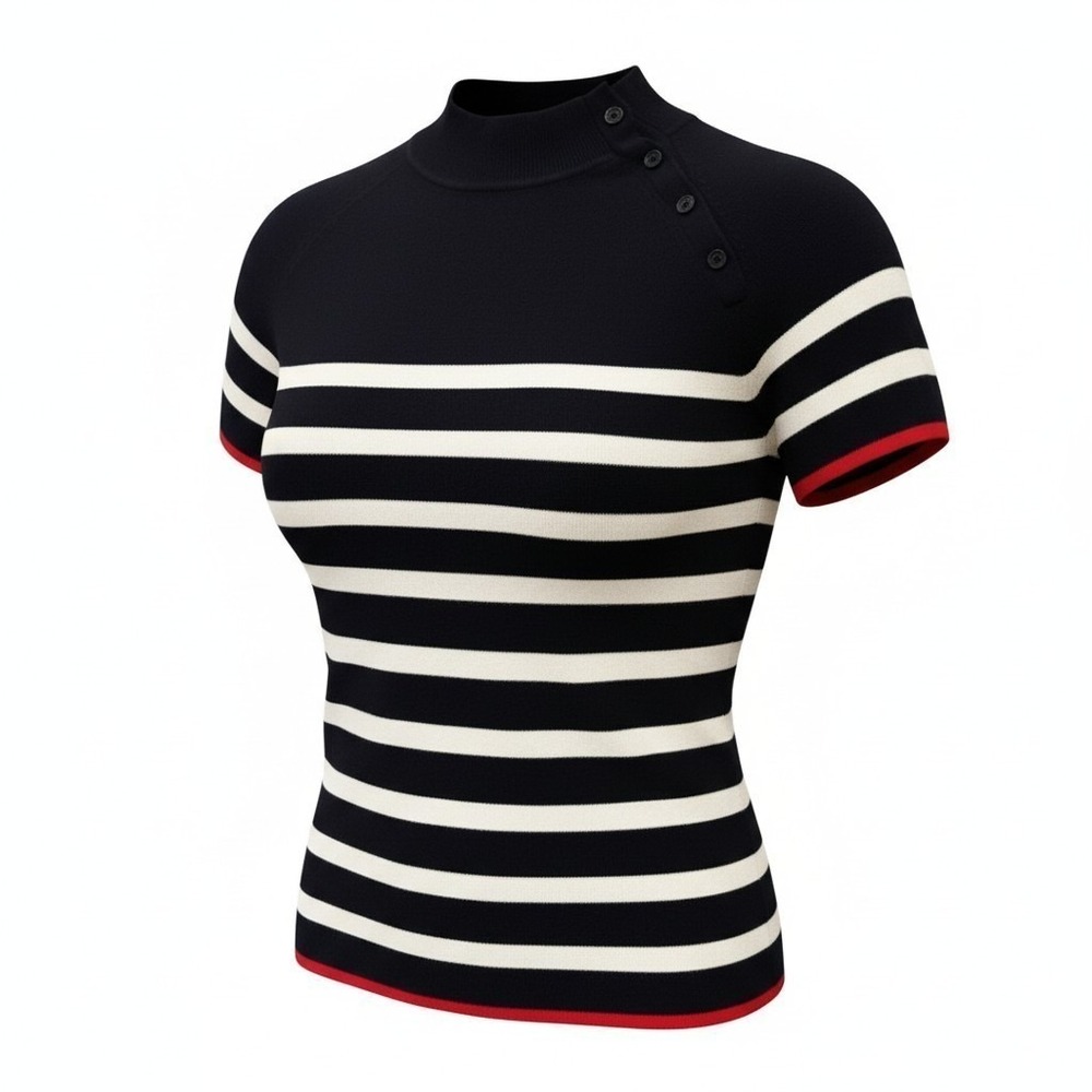 Maeve Anthropologie Striped Mock Neck Button Shoulder Top Black Ivory XL